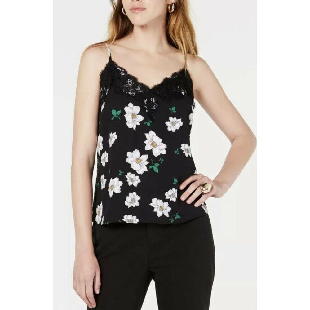 Bar III Top Lace Trimmed Floral Print Camisole Women Black Sz S NEW NWT